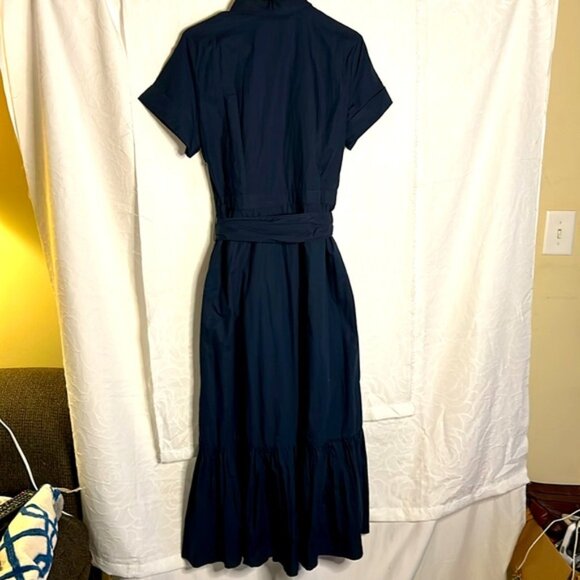 J CREW dark blue cotton maxi dress with ruffles. Large tie belt. Size 8T. - Picture 7 of 12